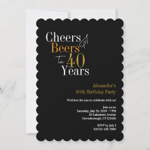 Invitación Saludos y cervezas a 40 años fiesta negro y dorado