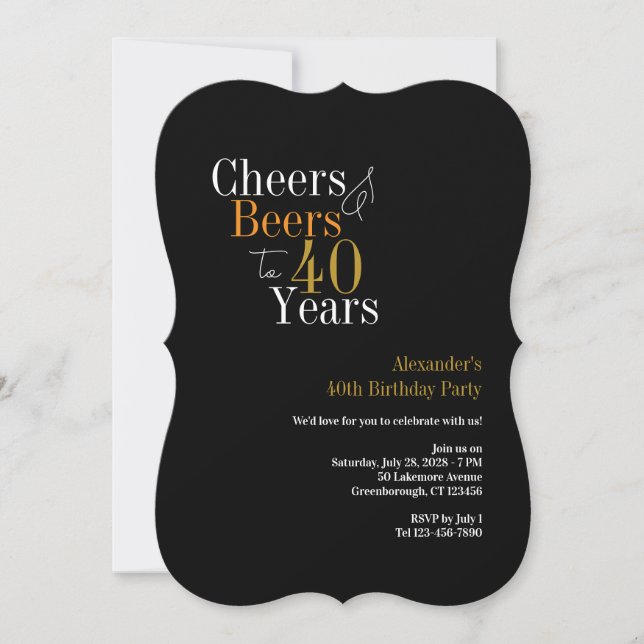 Invitación Saludos y cervezas a 40 años fiesta negro y oro (Anverso)