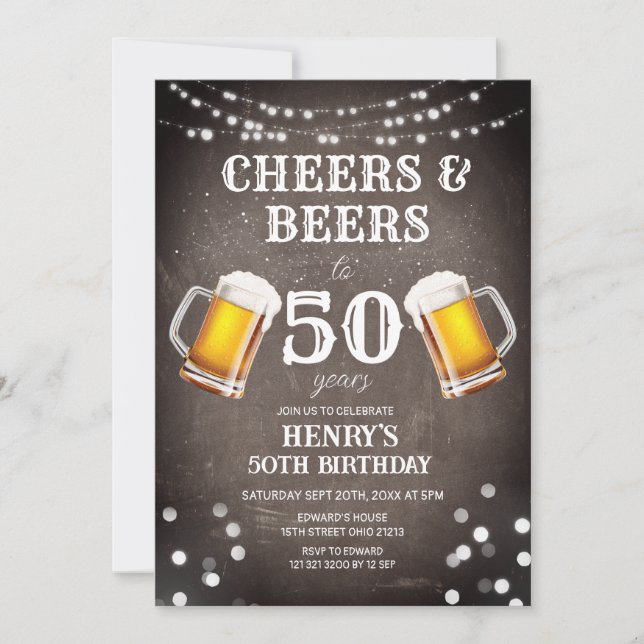 Invitación Saludos Y Cervezas A 50 Años Cumpleaños De Chalkbo (Anverso)