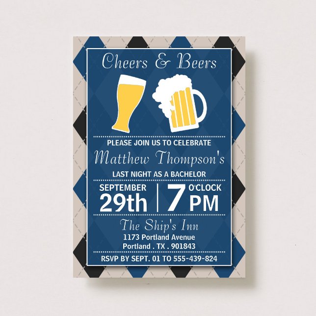 Invitación Saludos y cervezas de moda fiesta de solteros azul (Subido por el creador)