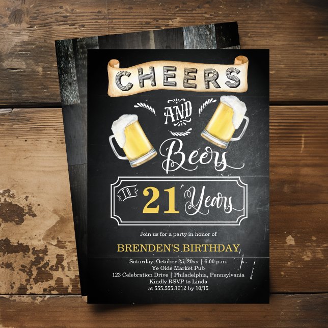 Invitación Saludos y cervezas en fiesta de cumpleaños de 21 a (Cheers and Beers to 21 Years Rustic Barroom-Style Birthday Party Invitation)