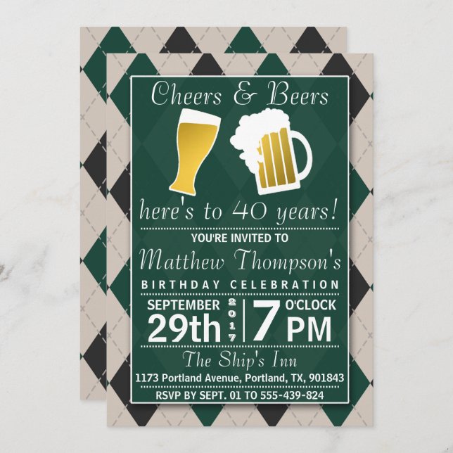 Invitación Saludos y cervezas en la fiesta de cumpleaños verd (Anverso / Reverso)