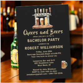 Invitación Saludos y cervezas Fiesta de Bachelor Negro y Oro