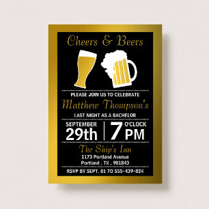 Invitación Saludos y cervezas Fiesta de Bachelor Negro y Oro