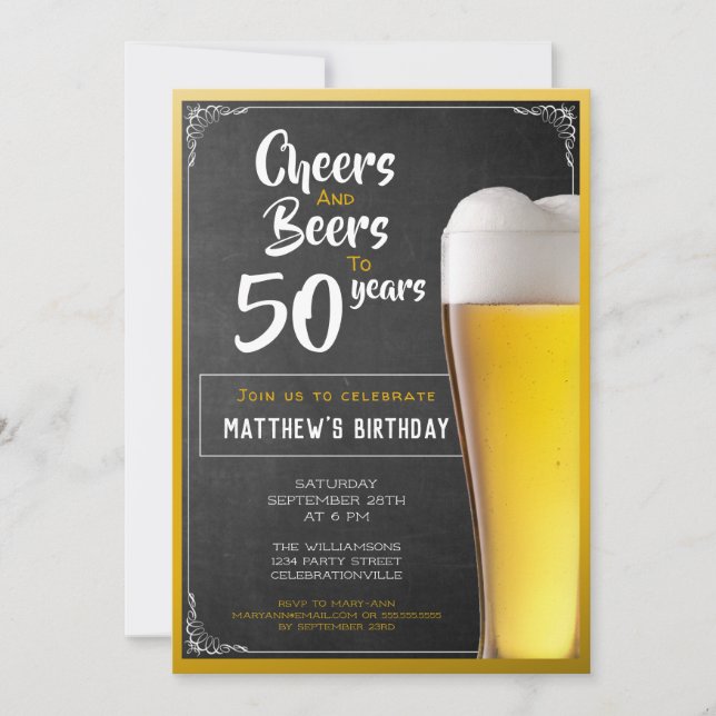 Invitación Saludos Y Cervezas Fiesta De Cumpleaños Negro Y Or (Anverso)