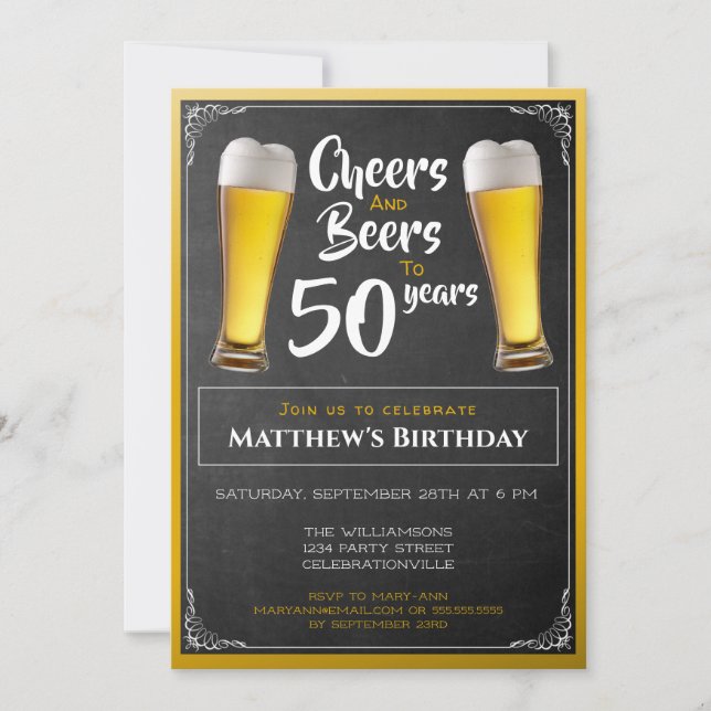 Invitación Saludos Y Cervezas Fiesta De Cumpleaños Negro Y Or (Anverso)