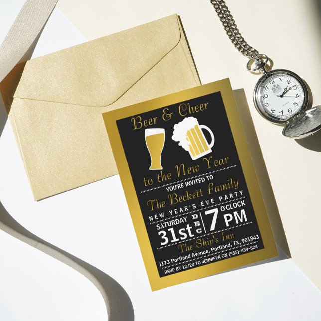 Invitación Saludos y cervezas Fiesta de Nochevieja Negro y Or (Subido por el creador)