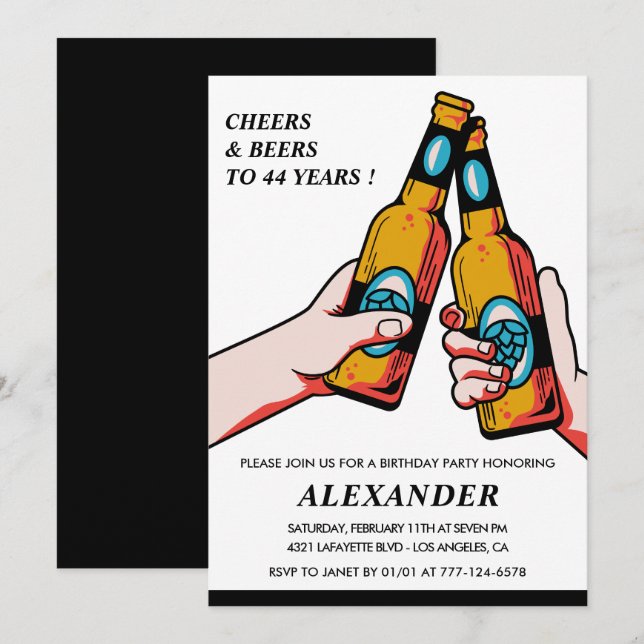Invitación Saludos y cervezas Hombres Rústicos Negros 44 años (Anverso / Reverso)