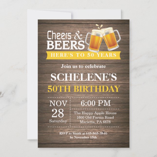 Invitación Saludos y cervezas rústicos cumpleaños número 50 (Anverso)