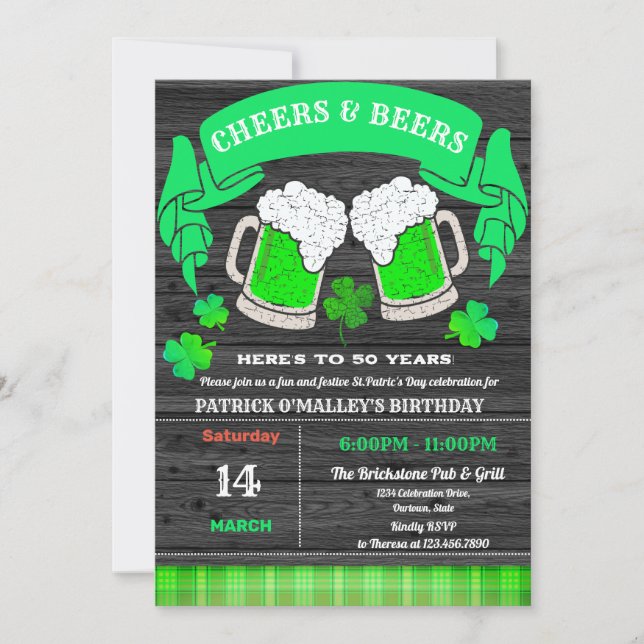 Invitación Saludos y cervezas San Patricio Fiesta de Cumpleañ (Anverso)