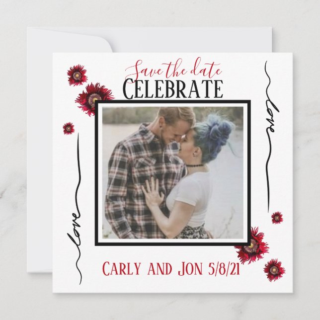 Invitación Salva la fecha Amor y flores rojas (Anverso)