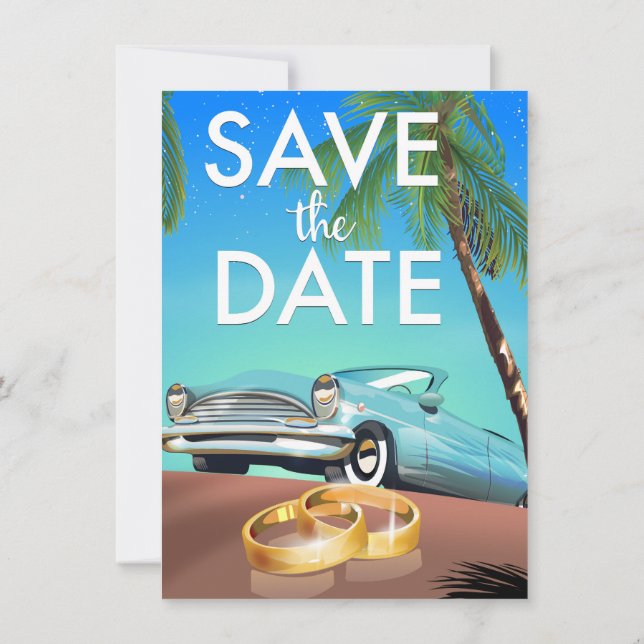 Invitación Salva la fecha coche antiguo y anillos de boda. (Reverso)