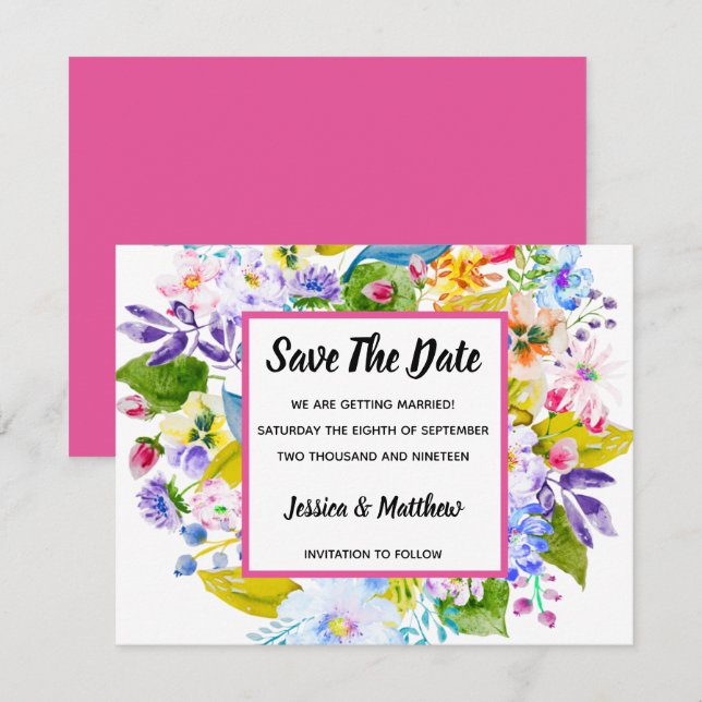 Invitación Salva la Fecha Floral Moderno Rosa (Anverso / Reverso)