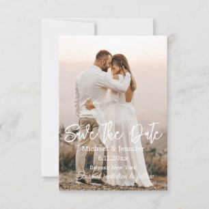 Invitación salva la fecha, fotografía de boda con caligrafía