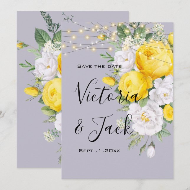 Invitación salva la fecha Luces rústicas Floral Amarillo   (Anverso / Reverso)