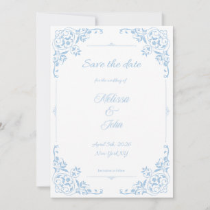 Invitación Salva la fecha moderno azul filigrana país francés