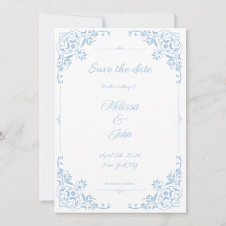 Invitación Salva la fecha moderno azul filigrana país francés