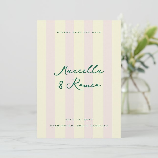 Invitación Salva la Fecha Moderno con Rayas Verticales Amaril (Anverso de pie)