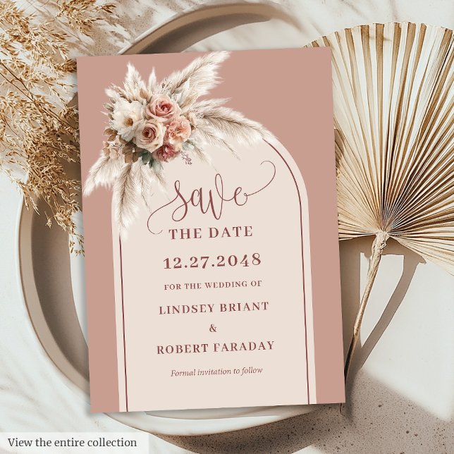 Invitación Salva la fecha polvoriento rosa botánico boho Pamp (Botanical Boho Dusty Pink Pampas Save the Date)