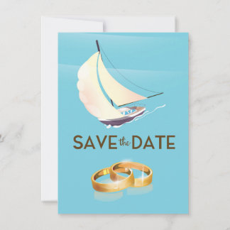 Invitación Salva la Fecha yate vintage y anillos de boda