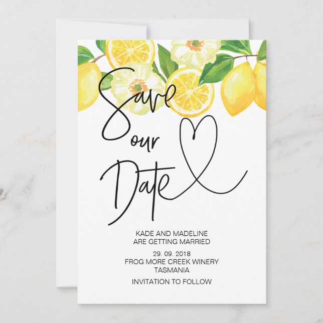 Invitación Salva Nuestra Fecha Verano Limón Boda (Anverso)