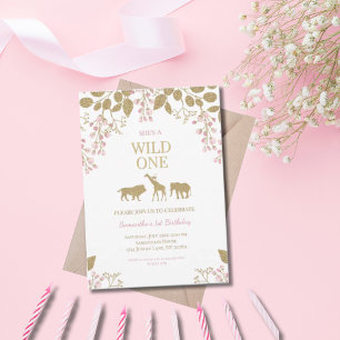 Invitación Salvaje 1 Chica de cumpleaños rosado y dorado