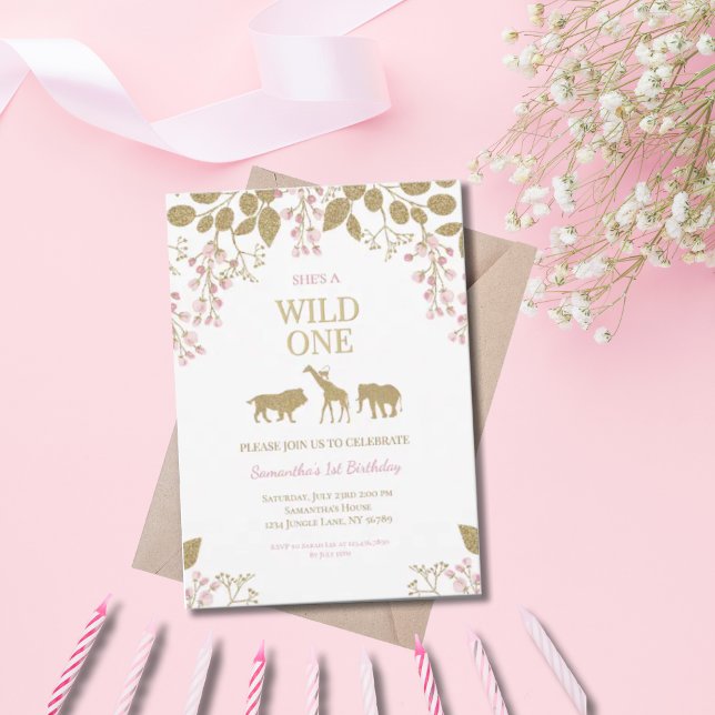 Invitación Salvaje 1 Chica de cumpleaños rosado y dorado (Subido por el creador)