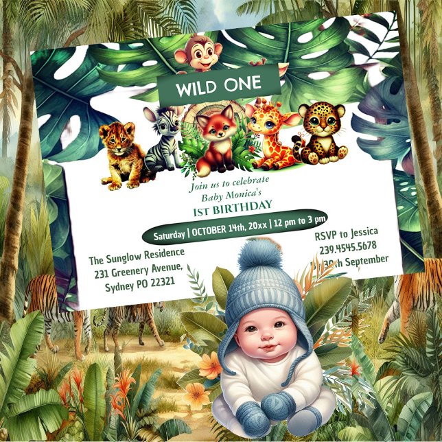 Invitación Salvaje baldaquín tropical de Safari de la selva d (Wild One Birthday Jungle Safari Tropical Canopy Invitation)