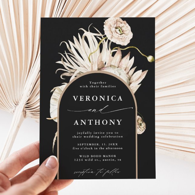 Invitación Salvaje Boho Protea Pampas Boda Floral Grass Black (Subido por el creador)