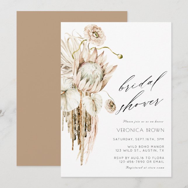 Invitación Salvaje Boho Protea Pampas Ducha de Novias Florale (Anverso / Reverso)