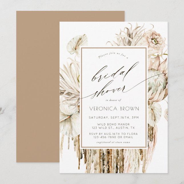 Invitación Salvaje Boho Protea Pampas Ducha de Novias Florale (Anverso / Reverso)