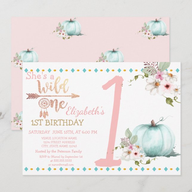 Invitación Salvaje, Calabaza, Cumpleaños Boho (Anverso / Reverso)