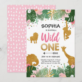 Invitación Salvaje Chica de oro Safari Animales Rosados Cumpl