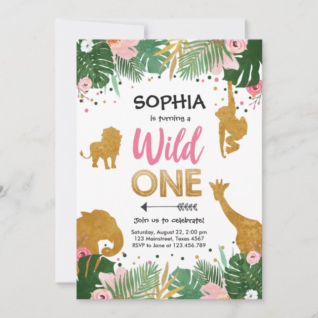 Invitación Salvaje Chica de oro Safari Animales Rosados Cumpl (Anverso)