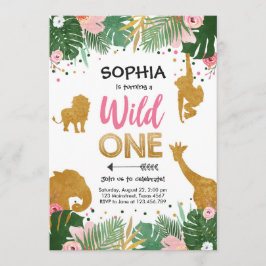 Invitación Salvaje Chica de oro Safari Animales Rosados Cumpl
