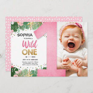 Invitación Salvaje Chica Safari Tropical Primer Cumpleaños Ro