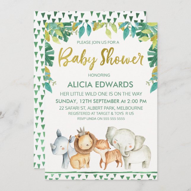 Invitación salvaje de Baby Shower del safari de (Anverso / Reverso)