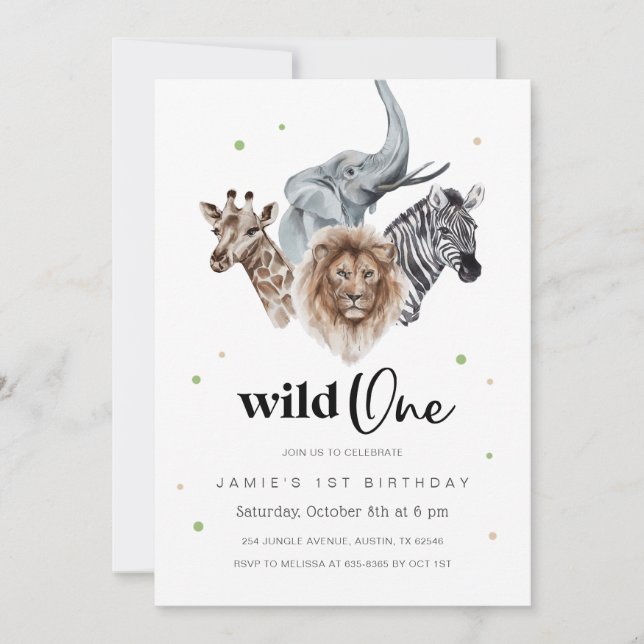 Invitación salvaje de un primer cumpleaños, jungla (Anverso)