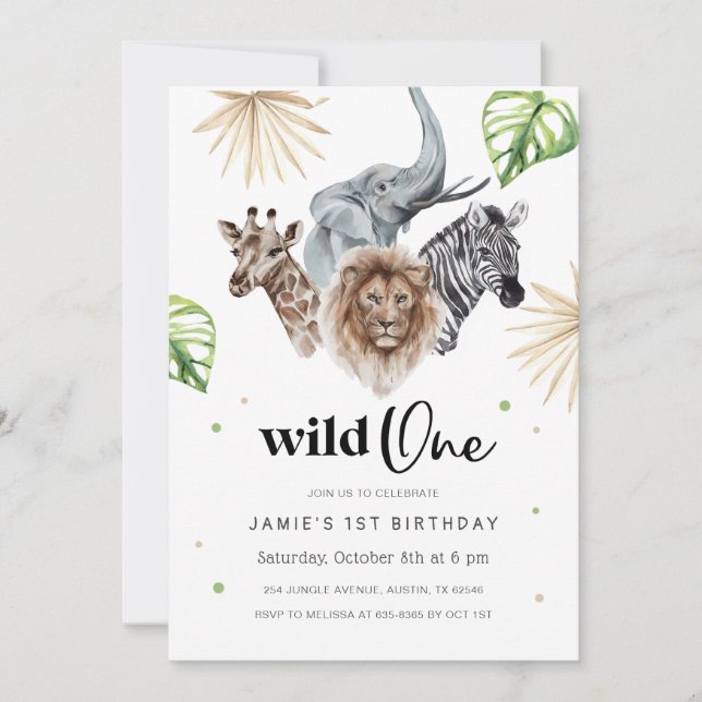 Invitación salvaje de un primer cumpleaños, jungla (Anverso)