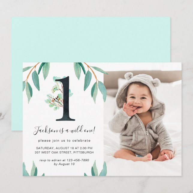 Invitación Salvaje Fiesta de un cumpleaños foto azul atrás (Anverso / Reverso)