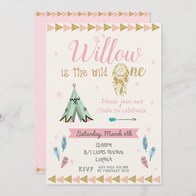 Invitación Salvaje Fiesta de un primer cumpleaños Chica Triba (Anverso / Reverso)