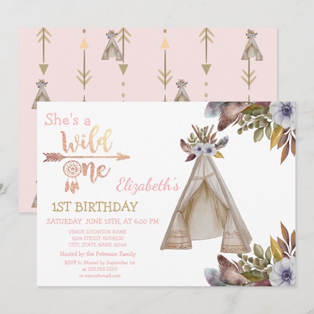 Invitación Salvaje, Flechas, Carpa, Flores, Cumpleaños Boho (Anverso / Reverso)