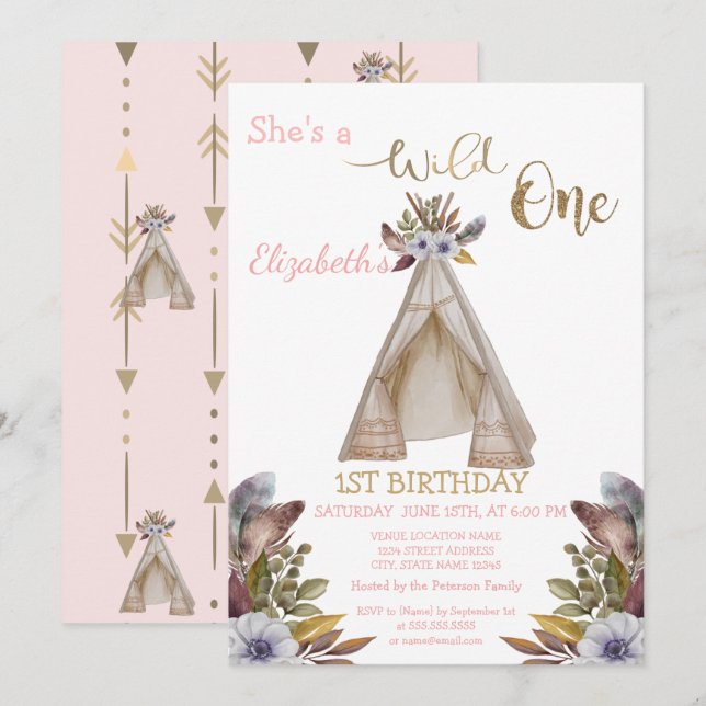 Invitación Salvaje, Flechas, Carpa, Flores Cumpleaños Primero (Anverso / Reverso)