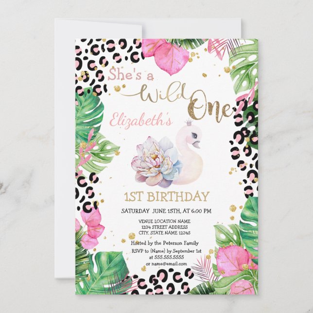 Invitación Salvaje, Hojas de cisne de flor Cumpleaños número  (Anverso)
