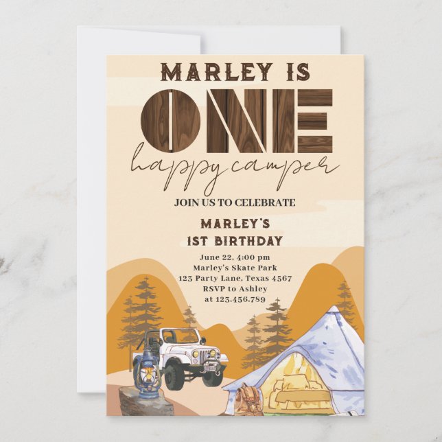 Invitación salvaje One Happy Camper Woodland 1er cumpleaños (Anverso)
