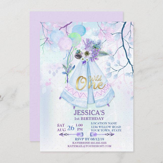 Invitación Salvaje primer cumpleaños Blue TeePee Boho (Anverso / Reverso)