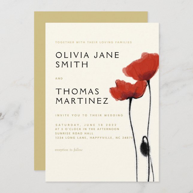 Invitación Salvaje Red Poppies Gold Ecru Rustic Elegant Weddi (Anverso / Reverso)