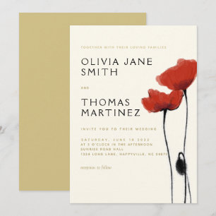 Invitación Salvaje Red Poppies Gold Ecru Rustic Elegant Weddi