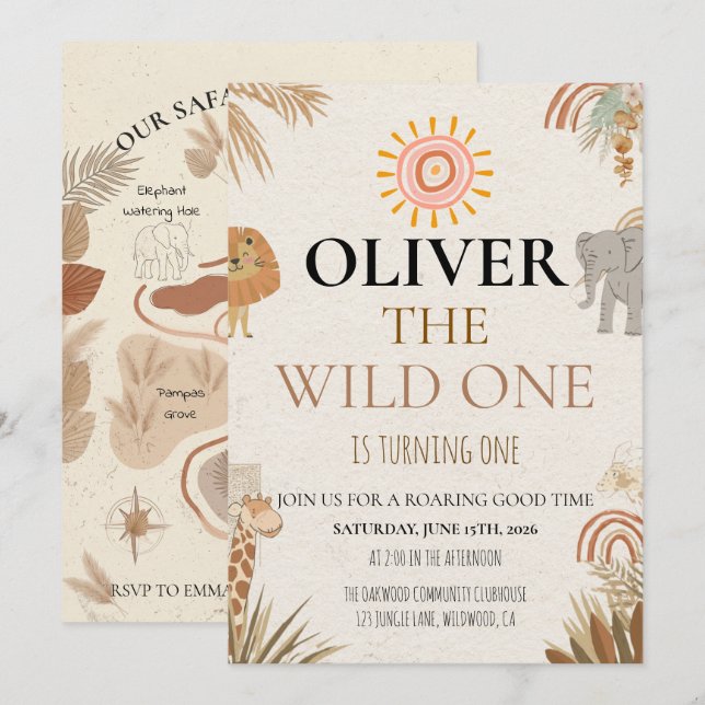 Invitación Salvaje - Safari Boho Primer Cumpleaños (Anverso / Reverso)