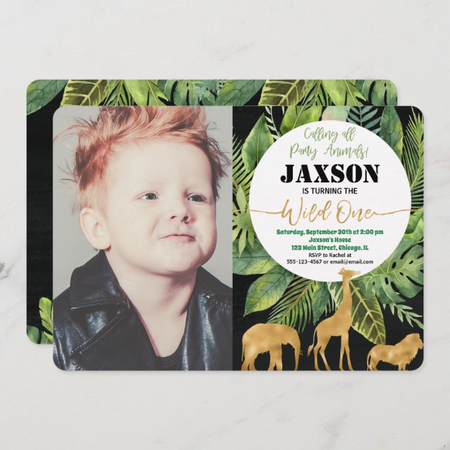 Invitación Salvaje safari de niño invitado por primera cumple (Anverso / Reverso)